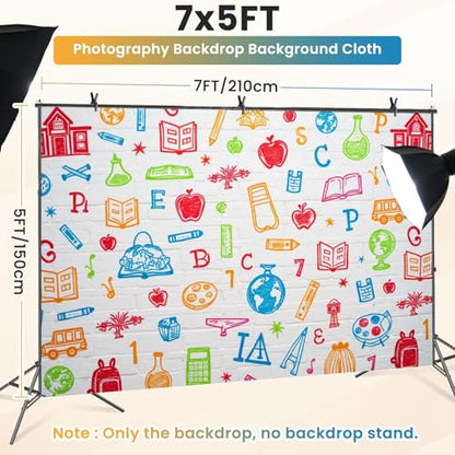 5x7ft Photography Backdrop Hand Painted Pencils Books White Brick Wall First Day School Online Photo Backdrop Photography Background for Photoshoot Portrait Video Party Photo Studio Prop Booth - color: Color1