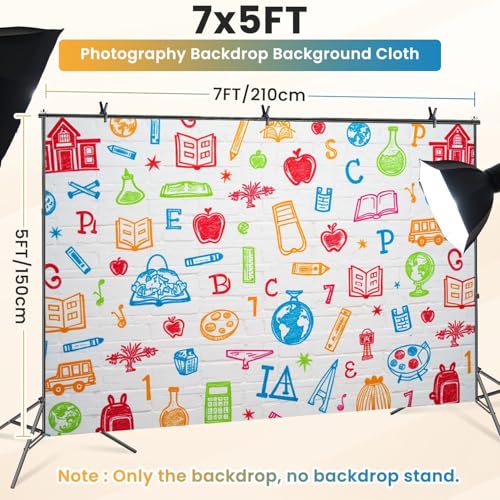 5x7ft Photography Backdrop Hand Painted Pencils Books White Brick Wall First Day School Online Photo Backdrop Photography Background for Photoshoot Portrait Video Party Photo Studio Prop Booth - color: Color1