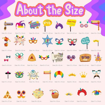 40 Pcs Happy Purim Decorations Photo Booth Props, Funny Jewish Holiday Selfie Props with Sticks Hamantaschen Signs for Purim Masquerade Celebration Party Supplies