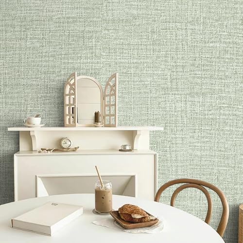 Green Grasscloth Peel and Stick Wallpaper 17.3"x300" Faux Linen Textured Contact Paper Removable Self Adhesive Vinyl Wallpaper for Bedroom Bathroom Kitchen - color: Green, size: 17.3" x 300"