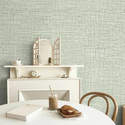 Green Grasscloth Peel and Stick Wallpaper 17.3"x1200" Faux Linen Textured Contact Paper Removable Self Adhesive Vinyl Wallpaper for Bedroom Bathroom Kitchen Cabinets - color: Green, size: 17.3" x 1200"