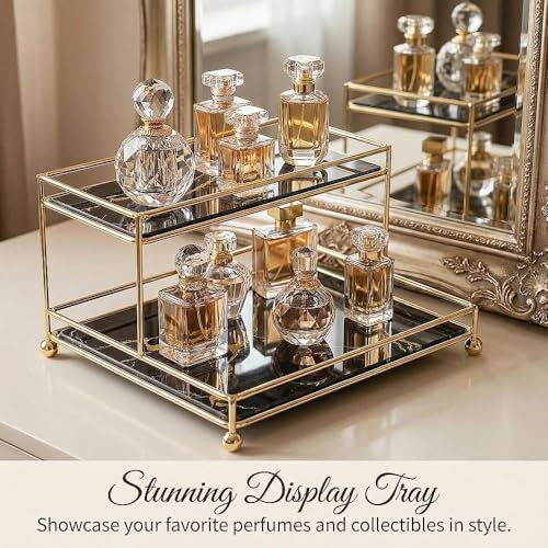 Makeup Organizer Shelf, 2-Tier Cosmetic Storage Basket with Glass Tray, Wire Vanity Organizer Rack for Bathroom, Countertop, Dresser and More, Medium Size