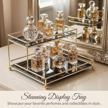 Makeup Organizer Shelf, 2-Tier Cosmetic Storage Basket with Glass Tray, Wire Vanity Organizer Rack for Bathroom, Countertop, Dresser and More, Medium Size