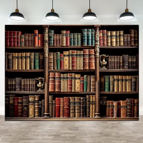 7x5ft Bookshelf Backdrop Vintage Bookcase Theme Photography Background Retro Medieval Classic Books Antique Bookshelves Ancient Library Banner Decorations Office Conference Photo Booth Prop - color: Color 1, size: 7x5ft