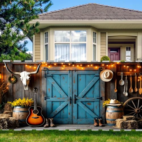 Western Cowboy Backdrop Decorations Wild West Country Farm Rustic Blue Barn Door Saloon Background Rodeo Banner Photoshoot Decor Supplies Photo Props for Kids Birthday Polyester Fabric 13x6ft