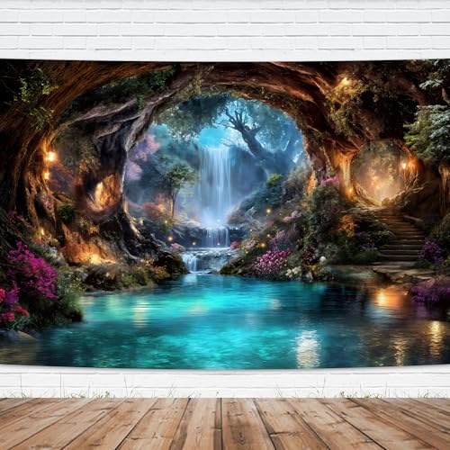 Fairy Woodland Backdrop 7Wx5H Feet Enchanted Teal Spring Flower Green Tree Waterfall Cave Polyester Fabric Magic Nature Botanical Photography Backgrounds Photo Shoot Decor Props Decoration - color: Teal, size: 7Wx5H