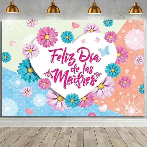 MEHOFOND 7x5ft Feliz Dia De La Madre Backdrop Happy Mother's Day Photography Background Pink Blue Daisy Mothers Day Party Decoration Banner Best Mom Ever Backdrop Photo Booth Props - color: Colourful