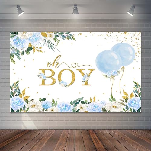 Oh Boy Baby Shower Backdrop - Watercolor Blue Floral Botanical Eucalyptus Blue Balloon Party Decorations Banner & Photo Booth Props (6x3.6ft) - size: 6x3.6ft