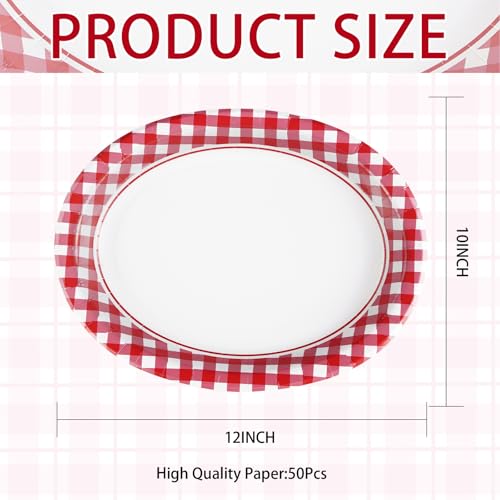 50Pcs Gingham Oval Paper Plates 10" x 12" Large Disposable Heavy Duty Red and White Buffalo Checked Plaid Dessert Platter Sturdy Plate for Summer Pizza BBQ Picnic Crawfish Boil Birthday Party Supplies - style: Red and White Oval Plates
