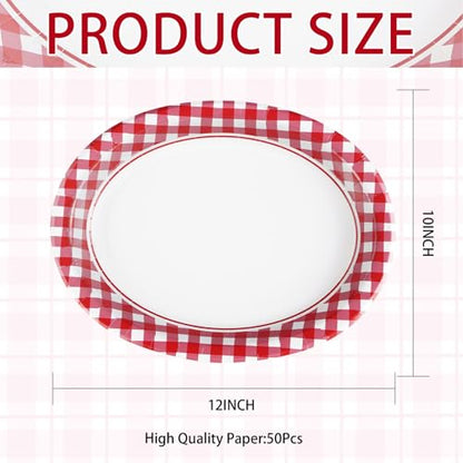 50Pcs Gingham Oval Paper Plates 10" x 12" Large Disposable Heavy Duty Red and White Buffalo Checked Plaid Dessert Platter Sturdy Plate for Summer Pizza BBQ Picnic Crawfish Boil Birthday Party Supplies - style: Red and White Oval Plates