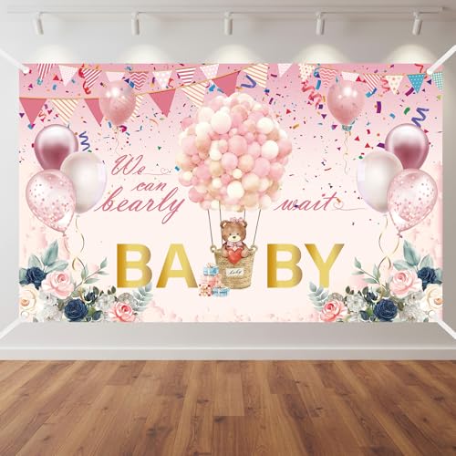 We Can Bearly Wait Backdrop - Pink Baby Shower Banner Pink Bear Hot Air Balloon Design Baby Shower Party Decorations Photo Background for Girl Newborn First Baby Photo Booth Prop 71x43 Inch - color: Pink Bear