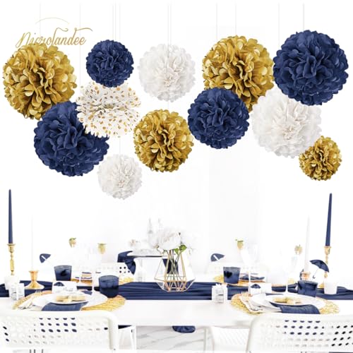 NICROLANDEE Wedding Party Decorations - 12 PCS Navy Blue and Gold Tissue Paper Pom Poms for Colleage Graduation, Baby&Bridal Shower, Birthday, Bachelorette Party, Engagement Party, Anniversary Party - style: Navy Blue