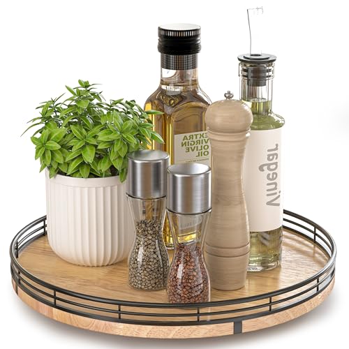 12" Lazy Susan Oak Wood Turntable Organizer for Cabinet, Farmhouse Round Wooden Lazy Susan Organization and Storage for Dining Table, Pantry, Kitchen, Bathroom, Countertop, Cupboard, Home Decor - color: Brown & Black, size: 12 inches