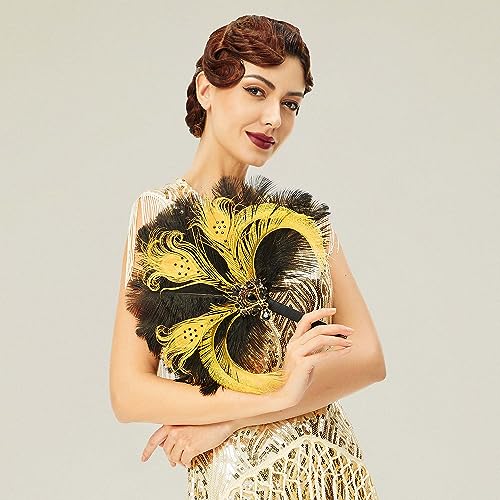 BABEYOND Vintage Bridal Feather Bouquet 1920s Ostrich Feather Fan Crystal Bridesmaid Bouquet 20s Gatsby Wedding Bouquet Flapper Accessories (Black) - color: Black