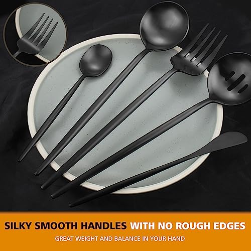 Matte Black Serving Set，Oliviola 5-Piece Stainless Steel Large Hostess Set with Round Edge, Satin Finished, Dishwasher Safe -Large Spoon, Large Fork,Butter Knife，Sugar Spoon & Slotted Spoon - color: Black, size: 5-piece