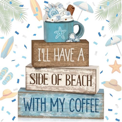 Lineshading 4 Pcs Summer Table Decorations Beach Coffee Bar Wooden Block Sign Blue Rustic Coastal Tiered Tray Decor with Coffee Cup Summer Centerpieces Decor for Beach Nautical Party Office Home - style: Beach