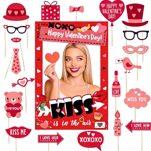 Valentine’s Day Photo Booth Props Frame, Love Heart Kiss Selfie Photobooth Props, Happy Valentine’s Day Photo Props for Wedding, Anniversary & Party Decorations
