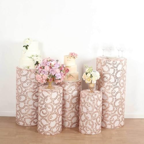 Efavormart Set of 5 Rose Gold Sequin Mesh Cylinder Display Box Stand Covers with Leaf Vine Embroidery, Sparkly Sheer Tulle Pedestal Pillar Prop Covers - color: Rose Gold, size: Sequin Mesh Cylinder Covers - Leaf Pattern