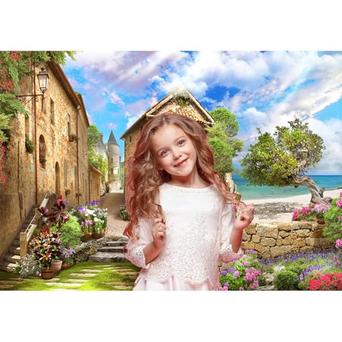 Vintage Italy Backdrop Europe Ancient Old City Italy Photography Background Tuscany Garden Old Houses Blossoming Flowers Backdrop Decors Mountain Village View Scenery for Travel Vacation Props 5x4ft - color: Brown_Blue, size: 5x4ft