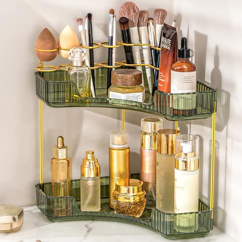 NATURE'S SOURCE Makeup Organizer for Vanity, 2-Tier Corner Bathroom Organizer Countertop with Makeup Brush Holder, Corner Counter Storage for Bathroom Dresser- Green - color: Green, size: 2-Tier
