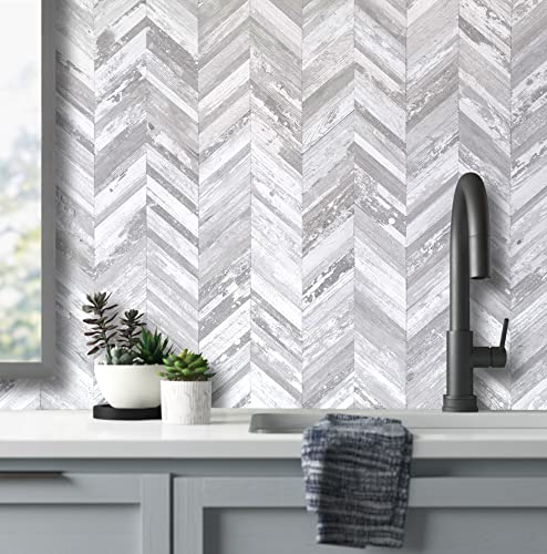DICOFUN 10-Sheet Herringbone Peel and Stick Backsplash, Vintage White Wood Look PVC Stick on Backsplash for Kitchen and Bathroom - color: Vintage White Wood and Black Grout, size: 10 Sheets, 12"x12"x0.12"