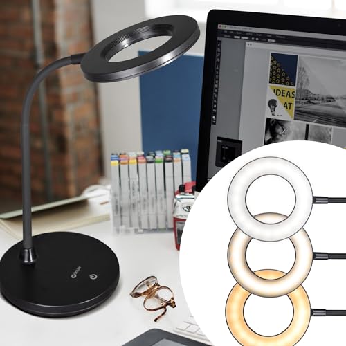 OttLite Vibe LED Ring Light, Rechargeable and Portable, 3 Color Temperatures, Book Light, Table Lamp Reading, Work, Desk Lamp for Home Office or Bedside - color: Black Desk Light