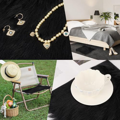CREATCABIN 2 Packs Small Square Black White Faux Fur Sheepskin Cushion Fluffy Plush Area Rug Small Product Fur Photo Background 12’’ Luxury Photo Props for Tabletop Photography Jewelry Nail Art Decor - style: Black & White