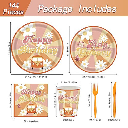 144Pcs Groovy Birthday Party Supplies Groovy Birthday Tableware Set Groovy Birthday Party Decorations Retro Boho Hippie Party Decorations Daisy Plates Napkins Cups Forks Knives Serve 24 - style: Groovy Daisy