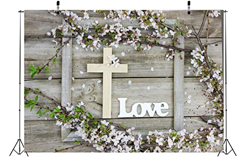 BELECO 15x8ft Fabric Rustic Wooden Board Wood Cross Backdrop Word Love and Spring Tree Blossoms Flower Petals Backdrop Jesus Background Christian Church Event Party Decor Easter Photo Studio Props - size: 15x8FT