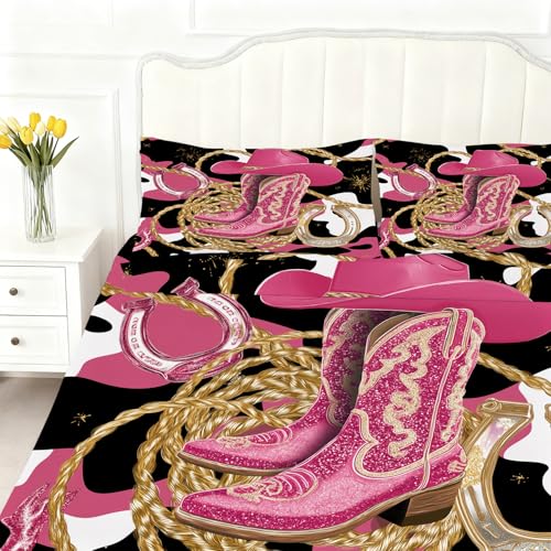 Pink Cowgirl Fitted Sheet Set Queen Size Glitter Cowboy Boots Horseshoe Print Sheet Set Kids Women Western Bed Sheets Cowhide Pattern 1 Fitted Sheet+1 Flat Sheet+2 Pillowcases - color: Cowgirl 01, size: Queen
