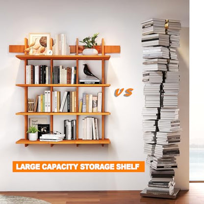Bookshelf 4 Tier Wall Mounted Book Shelf, Space-Saving Floating Bamboo Bookcase Heavy Duty 600lbs, Storage Display Shelf for Living Room Bedroom Office, 43" W x 52" H
