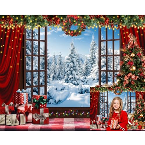 Christmas Backdrop for Photography Snowy Winter Forest Photo Background 10x8ft Xmas Wooden Window Photo Backdrop Santa Xmas New Year Backdrop Kids Family Holiday Party Decor Photo Props - color: NSW13250