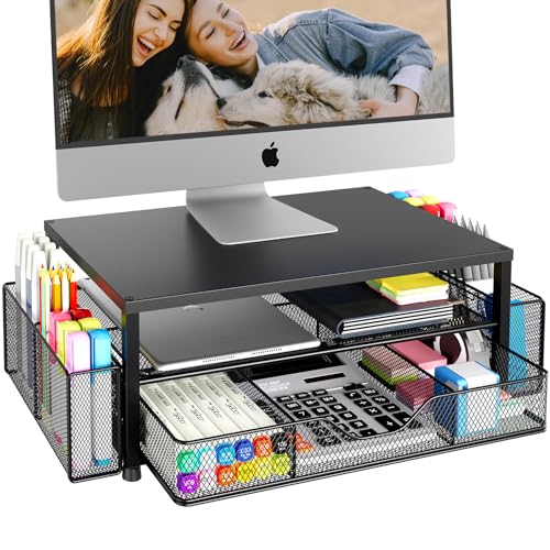 OPNICE Desk Organizer and Accessories, 2-Tier Computer Monitor Stand Riser with Drawer and 2 Pen Holders, Laptop Stand, Office Desk Accessories for Office Supplies, Black - color: Black 1-Pack