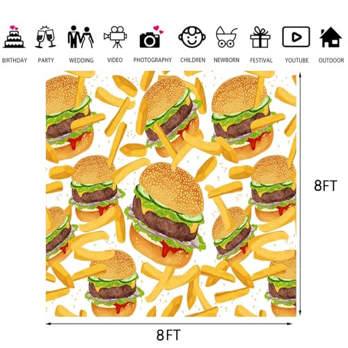 Hamburger French Fries Backdrop, 8x8ft, Fast Food Photograhy Background Birthday Party Supplies Burger Shop Decoration Banner Photo Booth Props BJOKPR0923 - size: 8x8