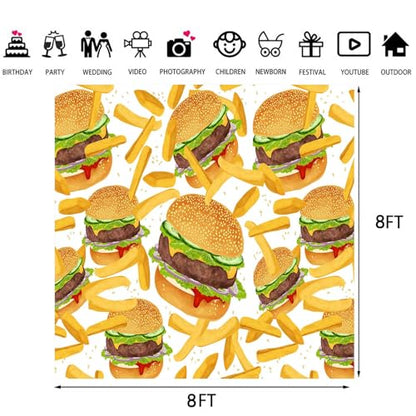 Hamburger French Fries Backdrop, 8x8ft, Fast Food Photograhy Background Birthday Party Supplies Burger Shop Decoration Banner Photo Booth Props BJOKPR0923 - size: 8x8