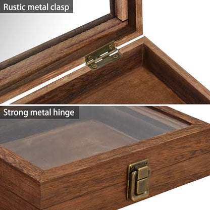 MOOCA Tempered-Glass Top Small Wooden Jewelry Display Case with Removable Black Luxurious Velvet Jewelry Display Pad, Deeper 2.2" Design for Collectibles, Brown Color. - color: Brown With Velvet Pad