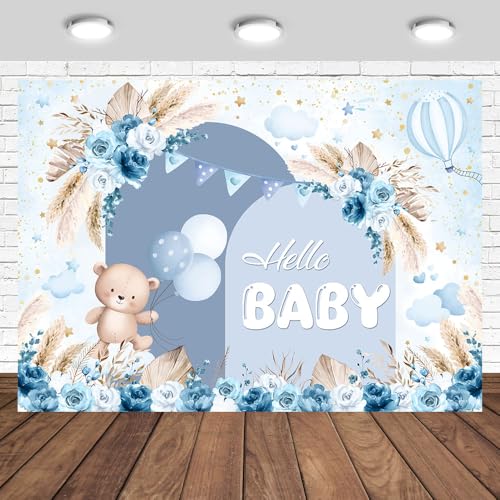 Boho Baby Shower Backdrop 7x5ft Blue Floral Hello Baby Boys Photography Background Bear Theme Bohemian Party Decorations Banner Photo Booth Props - color: Blue