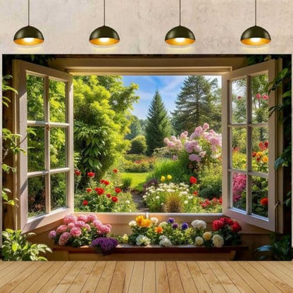 Spring Summer Garden Window Backdrop for Photography Floral Nature Landscape Photo Background Flowers and Trees Vibrant Flowers Party Decorations Banner Wedding Baby Shower Party Supplies 9x6ft - size: 9X6FT