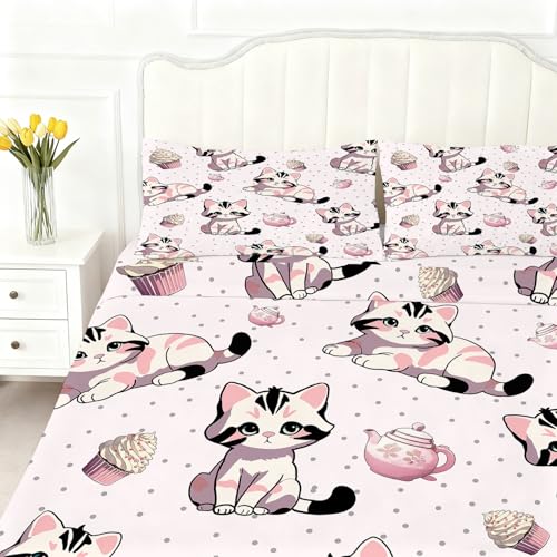 Pink Cat Fitted Sheet Set Queen Size Girls Cute Sheet for Bedroom Kids Soft Microfiber 4-Piece Cartoon Sheet Set 1 Fitted Sheet+1 Flat Sheet+2 Pillowcases Cartoon Bedding Set - color: Pink-cat, size: Queen