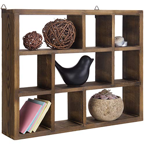 MyGift 9 Compartment Vintage Solid Wood Shadow Box, Wall Mountable Curio Display Case, Freestanding or Floating Shelf for Collectible Figurines, Succulents (Torched) - color: Torched