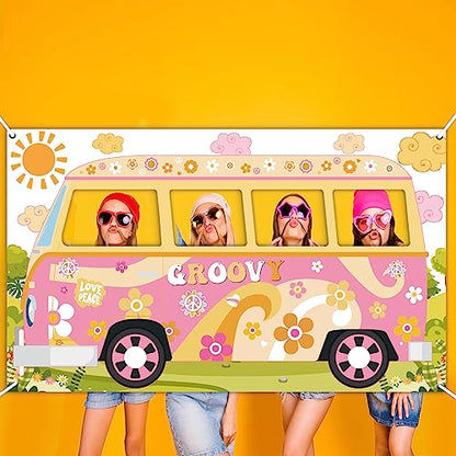 Hippie Bus Photo Prop Groovy Birthday Party Decorations Large Fabric Groovy Van Prop Hippie Selfie Frame Backdrop Background Banner Birthday Supplies Retro Daisy 60s 70s Party Favors 65.8 x 35.4 Inch - style: Hippie