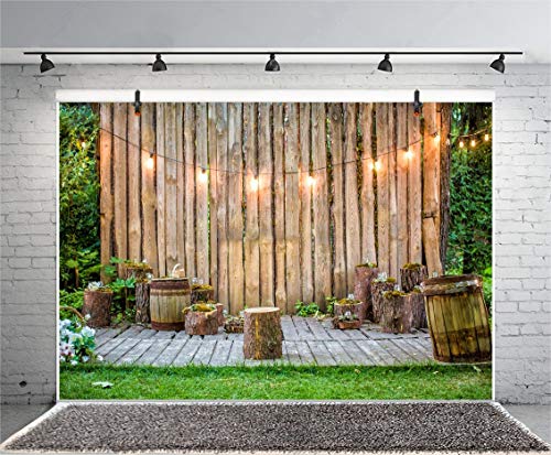 Wooden Wall Backdrop for Wedding Ceremony 5x3ft Rustic Planks Log Green Grassland Engagement Photography Background Holiday Party Activity Event Festival Decorations Photo Booth Studio - size: 5x3ft
