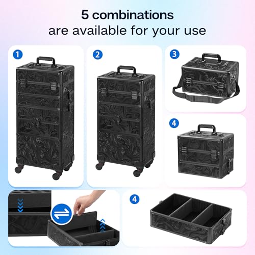 Somduy Rolling Makeup Case with Drawer, Makeup Train Case, 4 in 1Cosmetology Case on Wheels, Christmas Gift, Large Makeup Organizers, Profesional Cosmetic Case for Salon Barber, Pattern Black - color: Pattern Black