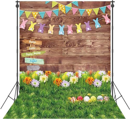 8x10ft Polyester Spring Backdrop Easter Photography Background Eggs Road Sign Wooden Wall Flowers Grass for Kids Newborn Party Decoration Portrait Photo Booth Props - size: 8'x10'