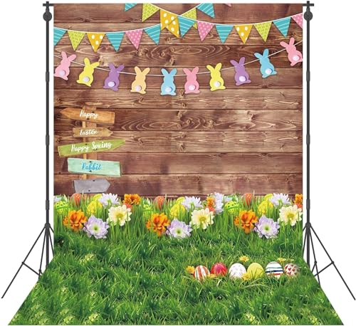 8x10ft Polyester Spring Backdrop Easter Photography Background Eggs Road Sign Wooden Wall Flowers Grass for Kids Newborn Party Decoration Portrait Photo Booth Props - size: 8'x10'