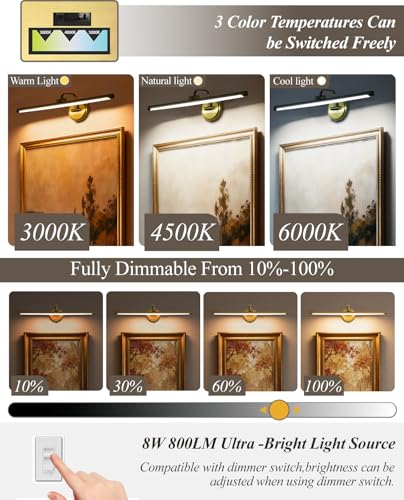 Hard-Wired Picture Light for Wall,16'' Inch Modern Brass Metal Body Dimmable Frame Light with Adjustable Swing Arm 3CCT LED Art Display Light for Paintings Gallery 6W Wall Light, Hallway Vanity Light - color: Gold, size: 16" Long Dimmable