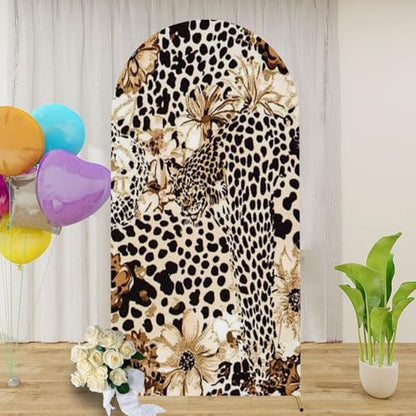 Leopard Texture Leopard Print Leopard Flowers Seamless Pattern 7.2FT Wedding Arch Cover Spandex Fitted Fabric Round Top Stretchy Backdrop Stand Covers for Wedding Birthday Party Decoration