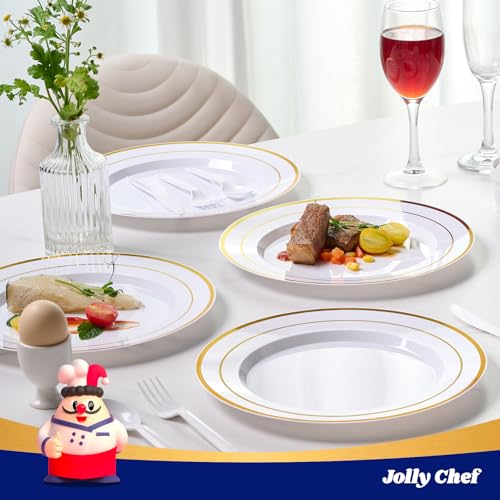 JOLLY CHEF 100 Pieces Gold Plastic Plates, 10 Inch Elegant Disposable Dinner White with Gold Rim, Disposable Plastic Plates for Christmas, Birthdays and Weddings - style: Gold-100