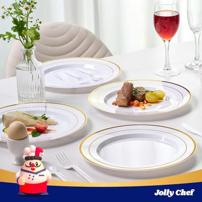 JOLLY CHEF 100 Pieces Gold Plastic Plates, 10 Inch Elegant Disposable Dinner White with Gold Rim, Disposable Plastic Plates for Christmas, Birthdays and Weddings - style: Gold-100