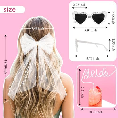 Bachelorette Party Veil - Edgy Embroidered Bow Headpiece, Bride Sunglasses and Straw | 2-Layer Pearl Veil, Bridal Shower Photo Booth Must-Have, Dare Game Props, Bride to Be Survival Kit